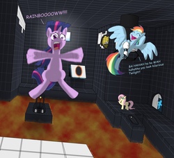 Size: 2793x2552 | Tagged: safe, artist:blood-asp0123, fluttershy, rainbow dash, twilight sparkle, g4, falling, laughing, portal, portal (valve), portal 2, scared