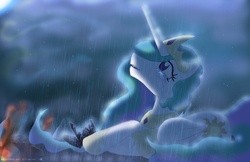 Size: 1236x800 | Tagged: safe, artist:ladyanidraws, princess celestia, alicorn, pony, g4, crying, female, implied princess luna, rain, sad, solo