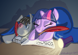 Size: 910x640 | Tagged: safe, artist:bibliodragon, smarty pants, twilight sparkle, g4, blanket, book, cute, eyes closed, female, filly, flashlight (object), night, prone, quill, reading, sleeping, smiling, solo