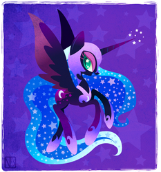 Size: 600x645 | Tagged: safe, artist:disfiguredstick, nightmare moon, alicorn, pony, g4, ethereal mane, female, mare, signature, solo, starry eyes, starry mane, starry tail, tail, wingding eyes