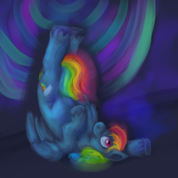 Size: 1024x1024 | Tagged: safe, artist:wollemeister, rainbow dash, g4, crash, on back, upside down