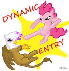 Size: 1552x1603 | Tagged: safe, artist:catscratchpaper, gilda, pinkie pie, griffon, g4, dynamic entry, gildabuse, naruto