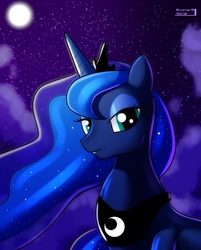 Size: 1186x1474 | Tagged: safe, artist:skyart301, princess luna, alicorn, pony, g4, bust, cloud, crown, female, jewelry, looking at you, mare, moon, night, regalia, sky, solo, stars