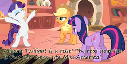 Size: 1280x647 | Tagged: safe, edit, edited screencap, screencap, applejack, rarity, twilight sparkle, alicorn, pony, g4, look before you sleep, alicorn drama, bedroom eyes, bipedal, butt, golden oaks library, insane pony thread, miss america, plot, tumblr, twilight sparkle (alicorn)