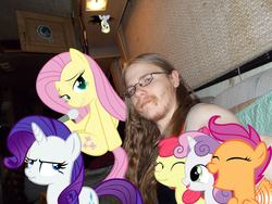 Size: 2048x1536 | Tagged: safe, apple bloom, derpy hooves, fluttershy, rarity, scootaloo, sweetie belle, human, g4, brony, cutie mark crusaders, facial hair, glasses, happy, irl, irl human, microphone, photo, ponies in real life, smiling