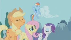 Size: 853x480 | Tagged: safe, screencap, applejack, fluttershy, rainbow dash, rarity, g4, my little pony: friendship is magic, swarm of the century