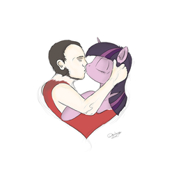 Size: 894x894 | Tagged: safe, artist:damianuss, twilight sparkle, human, pony, g4, female, heart, hug, human on pony action, kissing, male