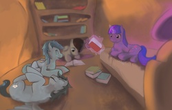 Size: 1280x813 | Tagged: artist needed, safe, twilight sparkle, oc, g4, book, golden oaks library, library, on back, reading