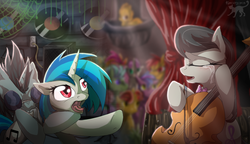 Size: 2016x1160 | Tagged: safe, artist:kocurzyca, dj pon-3, neon lights, octavia melody, rising star, vinyl scratch, i am octavia, g4, crying, female, male