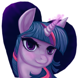 Size: 1000x1000 | Tagged: safe, artist:imsolittle, twilight sparkle, g4, blushing, female, glowing horn, horn, portrait, solo