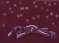 Size: 930x680 | Tagged: safe, artist:nos-talgia, twilight sparkle, firefly (insect), g4, crying, female, floppy ears, lights, lying down, prone, sad, solo
