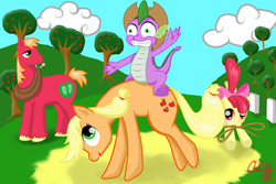 Size: 1024x683 | Tagged: safe, artist:cloclo2388, apple bloom, applejack, big macintosh, spike, dragon, earth pony, pony, g4, cowboy hat, dragons riding ponies, female, hat, male, riding, riding a pony, rope, spike riding applejack, stallion, stetson