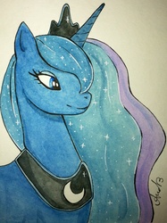 Size: 1477x1971 | Tagged: safe, artist:imandarr, princess luna, g4, female, simple background, smiling, solo, traditional art