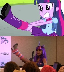 Size: 790x884 | Tagged: safe, twilight sparkle, human, equestria girls, g4, my little pony equestria girls, canterlot gardens convention, comparison, cosplay, high heels, irl, irl human, photo, shoes, tara strong