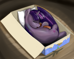 Size: 1400x1117 | Tagged: safe, artist:shephardadv, twilight sparkle, g4, back, book, cardboard box, female, filly, hug, pillow, present, sleeping, solo