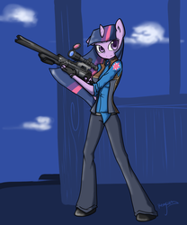 Size: 1500x1800 | Tagged: safe, artist:xonitum, twilight sparkle, unicorn, anthro, g4, ambiguous facial structure, cloud, cosplay, crossover, female, gun, horn, machina, optical sight, rifle, sniper, sniper (tf2), sniper rifle, solo, team fortress 2, weapon