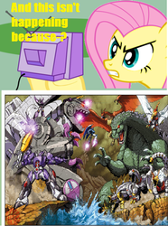 Size: 448x601 | Tagged: safe, fluttershy, kaiju, g4, crossover, cyclonus, exploitable meme, flutterrage, galvatron, godzilla, godzilla (series), grimlock, growling, rodan, scourge, slag (dinobot), sludge (dinobot), snarl (dinobot), swoop, transformers, trypticon, tv meme