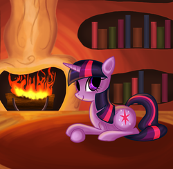Size: 1180x1152 | Tagged: safe, artist:myhysteria, twilight sparkle, g4, female, fireplace, golden oaks library, library, solo