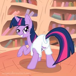 Size: 1080x1080 | Tagged: safe, artist:snapai, twilight sparkle, pony, g4, clothes, female, funny, golden oaks library, library, mare, solo, t-shirt, twilightlicious, wardrobe misuse