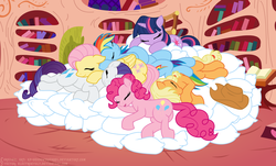 Size: 2880x1740 | Tagged: safe, artist:ponimalion, applejack, fluttershy, pinkie pie, rainbow dash, rarity, twilight sparkle, g4, cuddle puddle, cute, golden oaks library, library, mane six, pillow, pony pile, sleeping