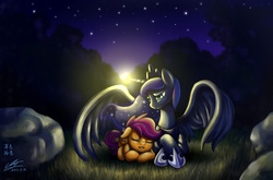 Size: 2500x1649 | Tagged: dead source, safe, artist:mrs1989, princess luna, scootaloo, alicorn, pegasus, pony, g4, female, filly, scootalove, sleeping, starry night