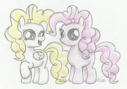 Size: 2643x1859 | Tagged: safe, artist:sakaerion, pinkie pie, surprise, g1, g4, filly, g1 to g4, generation leap, traditional art