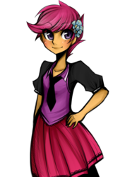 Size: 752x1063 | Tagged: safe, artist:mscootaloo, scootaloo, human, equestria girls, g4, clothes, cute, cutealoo, eye clipping through hair, eyebrows, eyebrows visible through hair, female, hand on hip, necktie, simple background, skirt, skirtaloo, solo, transparent background