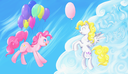 Size: 3325x1909 | Tagged: dead source, safe, artist:matrosha123, pinkie pie, surprise, g1, g4, balloon, flying, g1 to g4, generation leap, then watch her balloons lift her up to the sky
