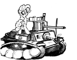 Size: 4577x3584 | Tagged: safe, artist:smellslikebeer, pinkie pie, earth pony, pony, g4, bipedal, black and white, crosshatch, grayscale, ink, looking at you, monochrome, tank (vehicle), traditional art