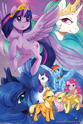 Size: 600x900 | Tagged: dead source, safe, artist:vella, applejack, fluttershy, pinkie pie, princess celestia, princess luna, rainbow dash, rarity, twilight sparkle, alicorn, pony, g4, elements of harmony, female, mane six, mare, twilight sparkle (alicorn)