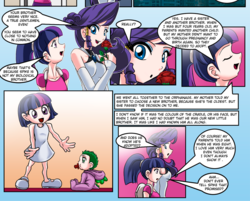 Size: 991x796 | Tagged: safe, artist:mauroz, edit, rarity, spike, twilight sparkle, comic:la magia de la amistad, g4, adopted offspring, adoption, baby spike, clothes, comic, cropped, dress, humanized