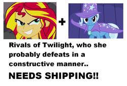 Size: 915x619 | Tagged: safe, sunset shimmer, trixie, human, pony, unicorn, boast busters, equestria girls, g4, my little pony equestria girls, cape, clothes, evil smile, female, grin, hat, horn, lesbian, looking at you, ship:suntrix, shipping, smiling, tail, text, trixie's cape, trixie's hat