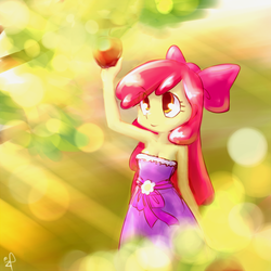 Size: 500x500 | Tagged: safe, artist:ifthemainecoon, apple bloom, human, equestria girls, g4, adorabloom, apple, armpits, breasts, cleavage, clothes, cottagecore, cute, dress, fall formal outfits, humanized, strapless, strapless dress, sweet dreams fuel