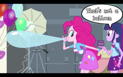 Size: 1280x800 | Tagged: safe, edit, edited screencap, screencap, pinkie pie, twilight sparkle, equestria girls, g4, my little pony equestria girls, balloon, blowing up balloons, condom, duo, speech bubble, that pony sure does love balloons, trojan