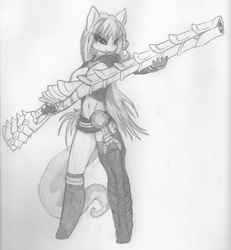 Size: 850x918 | Tagged: safe, artist:carmelcube, oc, oc only, oc:milky way, earth pony, anthro, anthro oc, belly button, cosplay, crossover, female, gun, kurohime, magic gun, mare, monochrome, senryu, solo, weapon