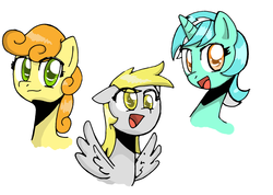 Size: 3000x2137 | Tagged: safe, artist:pencil-snap, carrot top, derpy hooves, golden harvest, lyra heartstrings, pegasus, pony, g4, cute, female, mare, smiling