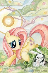 Size: 400x611 | Tagged: safe, artist:sararichard, idw, angel bunny, fluttershy, pegasus, pony, rabbit, g4, animal, comic cover, cover, duo, female, male, mare, pouting, sun, tree