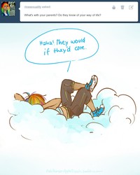 Size: 800x1000 | Tagged: safe, artist:schpog, rainbow dash, human, ask human appledash, g4, clothes, cloud, female, humanized, on a cloud, relaxing, shoes, short pants, speech bubble, tumblr