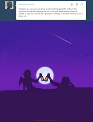 Size: 898x1178 | Tagged: safe, artist:schpog, applejack, rainbow dash, human, ask human appledash, g4, drink, humanized, mother's day, night, shooting star, silhouette, stars, tumblr, winged humanization