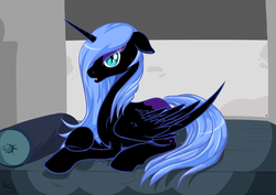 Size: 1501x1061 | Tagged: safe, artist:akashasi, nightmare moon, princess luna, alicorn, pony, g4, alternate hairstyle, bed, female, missing accessory, prone, solo, stupid sexy nightmare moon