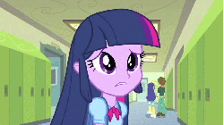 Size: 900x506 | Tagged: safe, screencap, blueberry cake, scott green, twilight sparkle, human, equestria girls, g4, my little pony equestria girls, adorkable, animated, background character, background human, backpack, bracelet, clothes, clumsy, cute, dork, ear piercing, earring, female, glasses, hat, jewelry, lockers, male, piercing, skirt, slapstick
