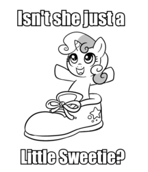 Size: 822x952 | Tagged: safe, artist:madmax, sweetie belle, g4, characters inside shoes, cute, image macro, pun, shoes