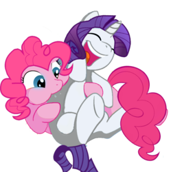 Size: 698x700 | Tagged: safe, artist:chaoskomori, artist:holsternicholson, edit, pinkie pie, rarity, earth pony, pony, unicorn, g4, female, lesbian, mare, raspberry, ship:raripie, shipping, simple background, tickling, transparent background, tummy buzz