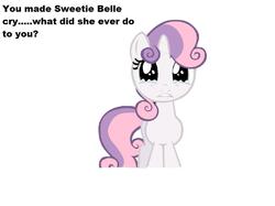 Size: 1140x852 | Tagged: safe, sweetie belle, pony, unicorn, g4, crying, female, filly, foal, image macro, sad, simple background, white background