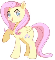 Size: 796x864 | Tagged: safe, artist:gh0st1es, fluttershy, earth pony, pony, g4, female, mare, raised hoof, simple background, smiling, solo, white background