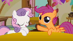 Size: 854x480 | Tagged: safe, screencap, scootaloo, sweetie belle, pony, call of the cutie, g4, animated, cute, cutealoo, duo, female, table