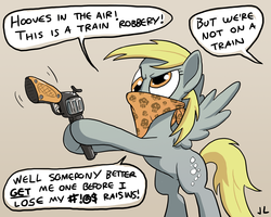 Size: 2000x1600 | Tagged: safe, artist:docwario, derpy hooves, pegasus, pony, g4, bandana, bandit, censored vulgarity, female, grawlixes, gun, mare, revolver, robbery, this will end in tears, you're doing it wrong