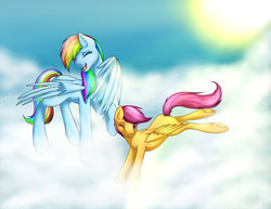 Size: 800x617 | Tagged: safe, artist:textris92, rainbow dash, scootaloo, pegasus, pony, g4, cloud, cloudy, duo, duo female, female, scootalove