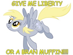 Size: 900x675 | Tagged: safe, artist:stormius, derpy hooves, pegasus, pony, g4, comic sans, female, give me liberty or give me death, mare, muffin, simple background, vector, white background, whose line is it anyway