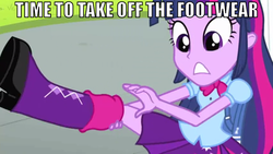 Size: 672x378 | Tagged: safe, edit, edited screencap, screencap, twilight sparkle, equestria girls, g4, my little pony equestria girls, boots, female, image macro, solo